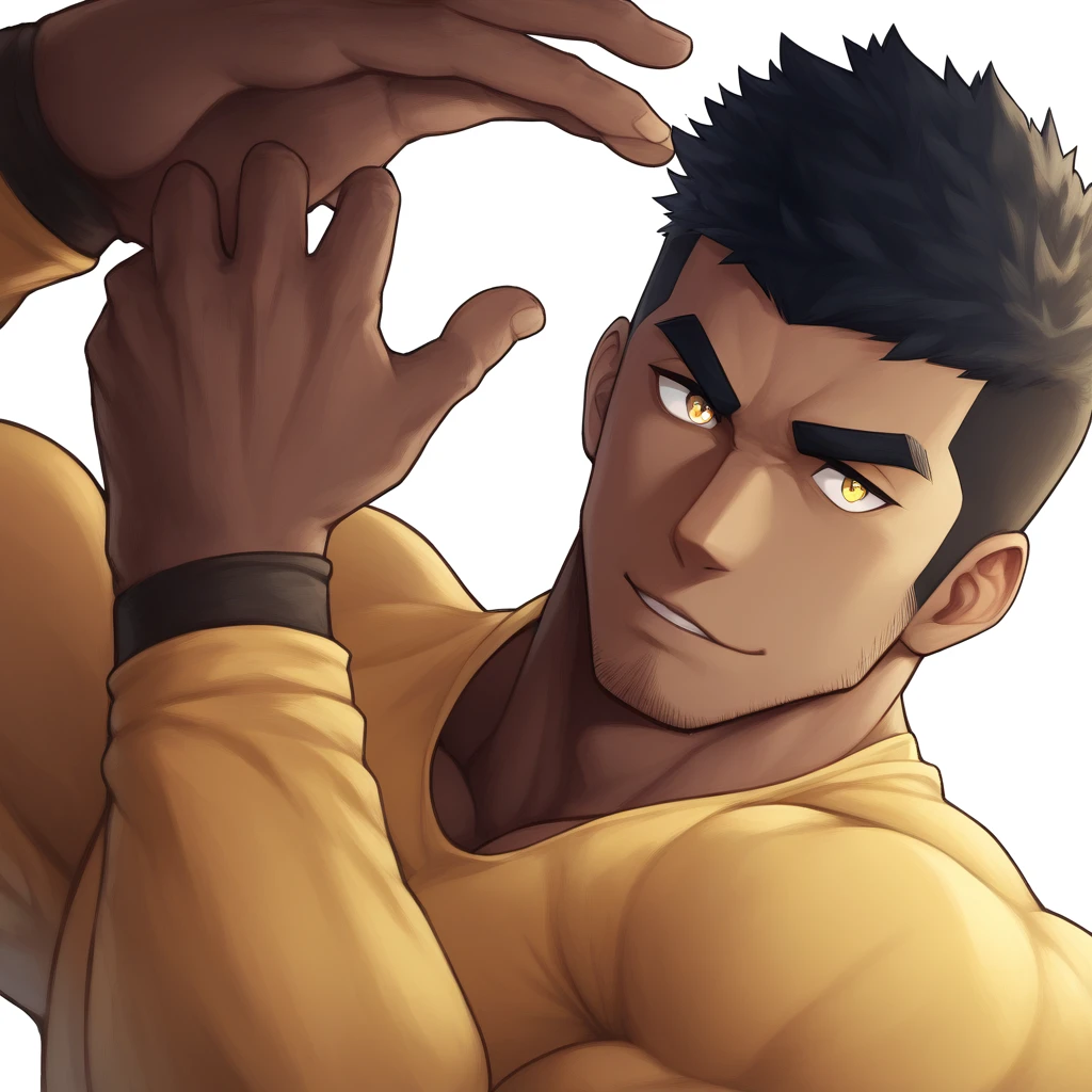 anime characters:Gyee, Muscle Sports Student, black skin, 1 muscular tough guy, Manliness, male focus, Light Yellow long sleeve tights, Very tight, The pectoral muscles are oversized, Slightly , muscular male, muscular, only, Upper body, alone, Black short hair, Thick eyebrows, stubble, Yellow eyes, White background, simple background, amazing quality, best aesthetics, Ridiculous, bright pupils, crew cut, parted lips, smile, torogao, naughty face, dbest quality