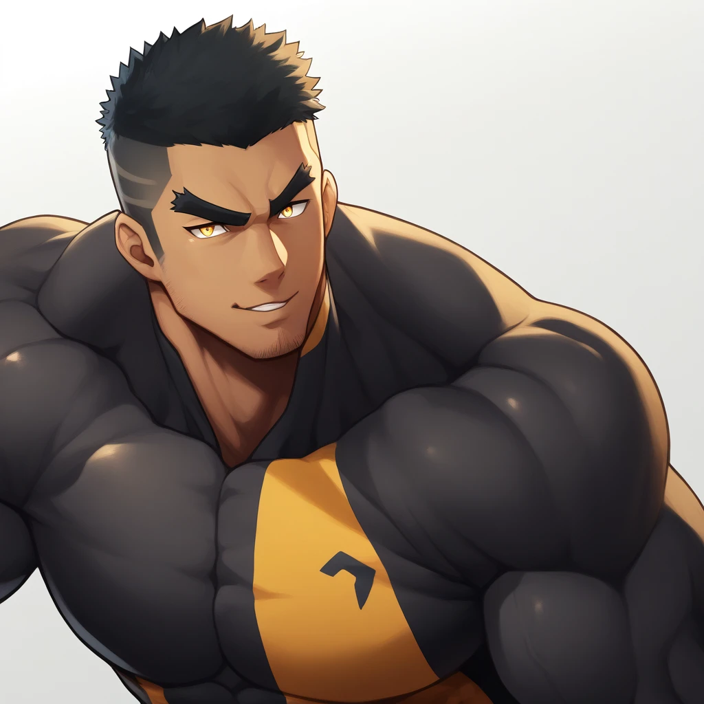 anime characters：Gyee, Muscle Sports Student, negro black skin, 1 muscular tough guy, Manliness, male focus, Light Yellow long sleeve tights, Very tight, The pectoral muscles are oversized, Slightly transparent, muscular male, muscular, only, Upper body, alone, Black short hair, Thick eyebrows, stubble, Yellow eyes, White background, simple background, amazing quality, best aesthetics, Ridiculous, bright pupils, crew cut, parted lips, seductive smile, torogao, naughty face, dbest quality