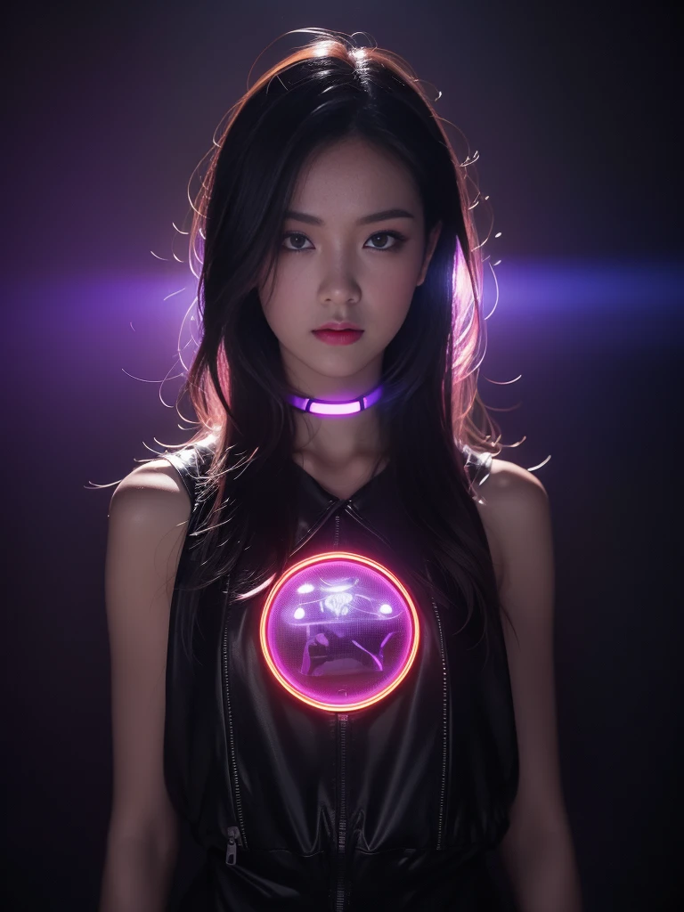 the number seven personified in a backlit woman with neon violet, synthwave, popcore color, mysterious smoke and mirrors, reflective and wet, dynamic composition and dramatic backlighting, highly textured, black, neon violet, neon orange,(detail), (complex), (8k), (HDR), (sharp focus), perfect fingers, high detail , expressiveness, masterpiece, (high detail skin and hair), ((high detail eyes)), (high detail clothing), ,(perfect facial features)