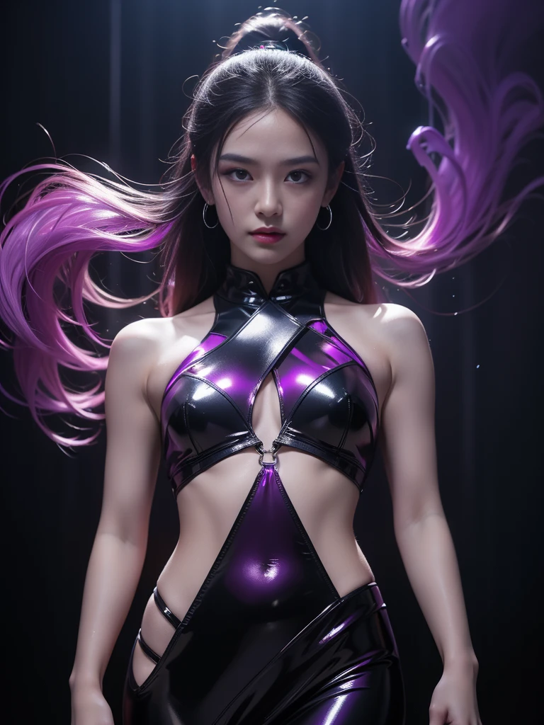 the number seven personified in a backlit woman with neon violet, synthwave, popcore color, mysterious smoke and mirrors, reflective and wet, dynamic composition and dramatic backlighting, highly textured, black, neon violet, neon orange,(detail), (complex), (8k), (HDR), (sharp focus), perfect fingers, high detail , expressiveness, masterpiece, (high detail skin and hair), ((high detail eyes)), (high detail clothing), ,(perfect facial features)