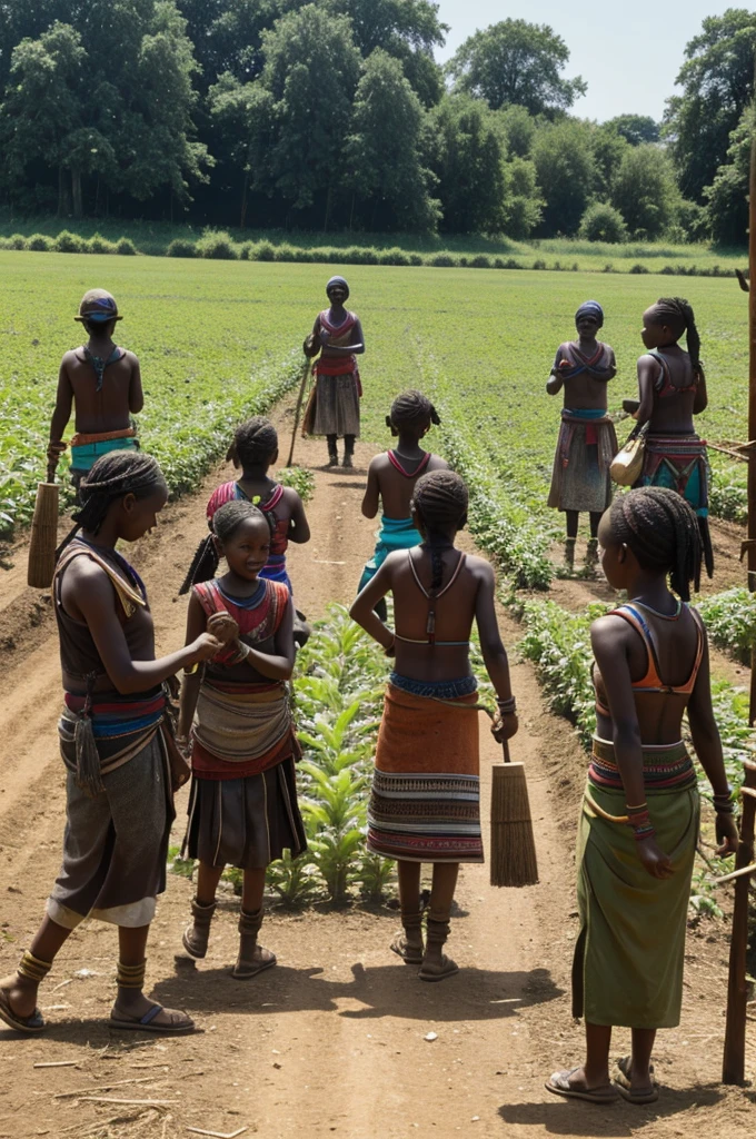 Happy tribe doing their daily work in the farm