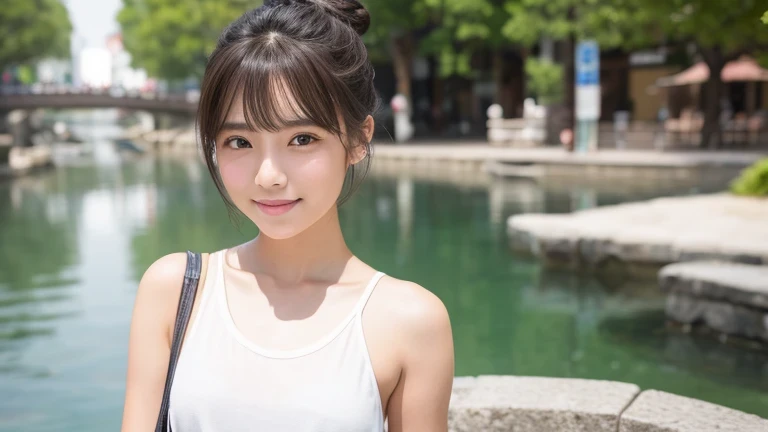 Produce the highest quality and highest resolution 8K images。The model is a 20-year-old Japanese woman.。Draw the whole body of a woman。Please draw an image of a smiling person taking a commemorative photo at a tourist spot.。Please draw the whole body of the model。She has brown eyes and a model figure.、She has an idol-level cute face.。Her hair is in a bun.。Skin has a healthy color。Clothes、I'm wearing early summer clothes。