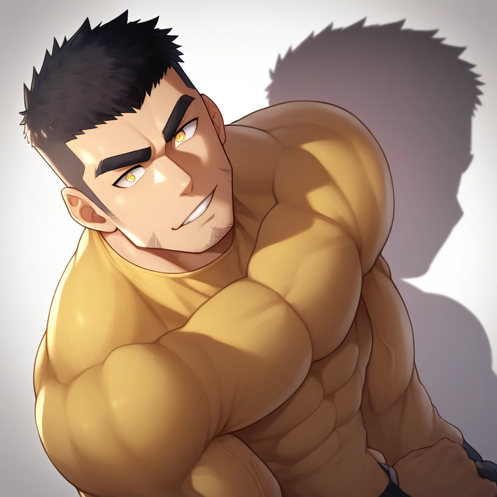 anime characters：Gyee, Muscle Sports Student, 1 muscular tough guy, Manliness, male focus, Light Yellow long sleeve tights, Very tight, The pectoral muscles are oversized, Slightly transparent, muscular male, muscular, only, Upper body, alone, Black short hair, Thick eyebrows, stubble, Yellow eyes, White background, simple background, amazing quality, best aesthetics, Ridiculous, bright pupils, crew cut, parted lips, seductive smile, torogao, naughty face, drop shadow, best quality