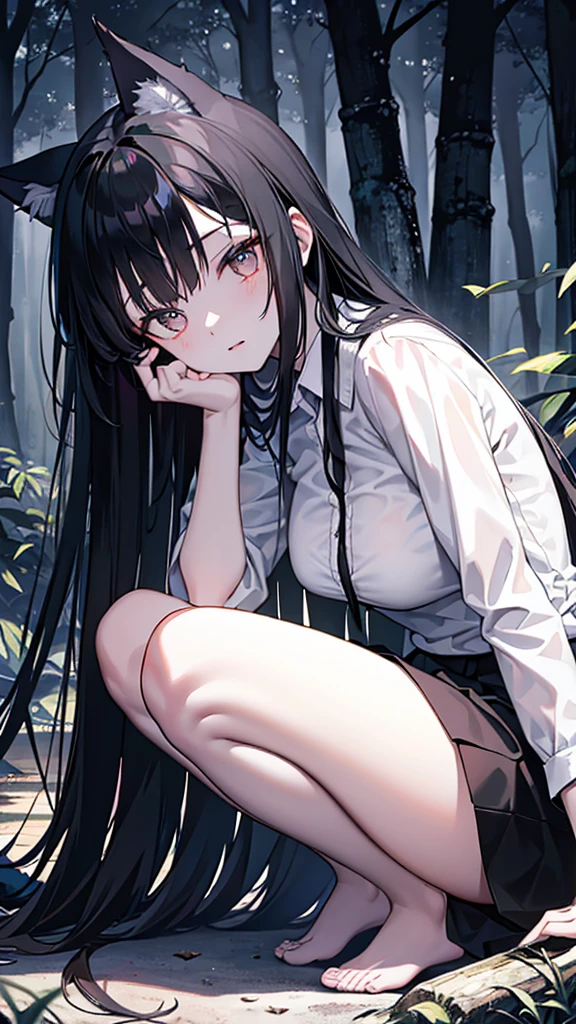 A wolf, long black hair,She is in a forest at night