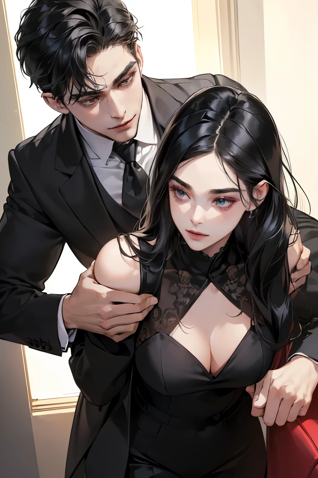 (Tabletop, Digital Art, Digital Illustration, 4K, 8K, Very detailed, Beautiful images, Clear images, Realistic, RAW Photos, Perfect Face, Perfect Lines, Perfect Eyes, Soft lighting) 1 female, (Long black hair,Straight hair,Bullish view,Beautiful woman,Man in suit,Apply makeup thoroughly,Girl,:1.3),secretary, Two handsome men in suits, (human,Man in suit,Muscular,Strong shoulder width, human,Boyish hairstyle,English gentleman;style,A man in his 30s with a cool expression,A 28-year-old man with a bright smile:1.2),Red sports car、drive、ride in a car、Couple,(1 boy, a boy is grabbing girl’s  :1.3),