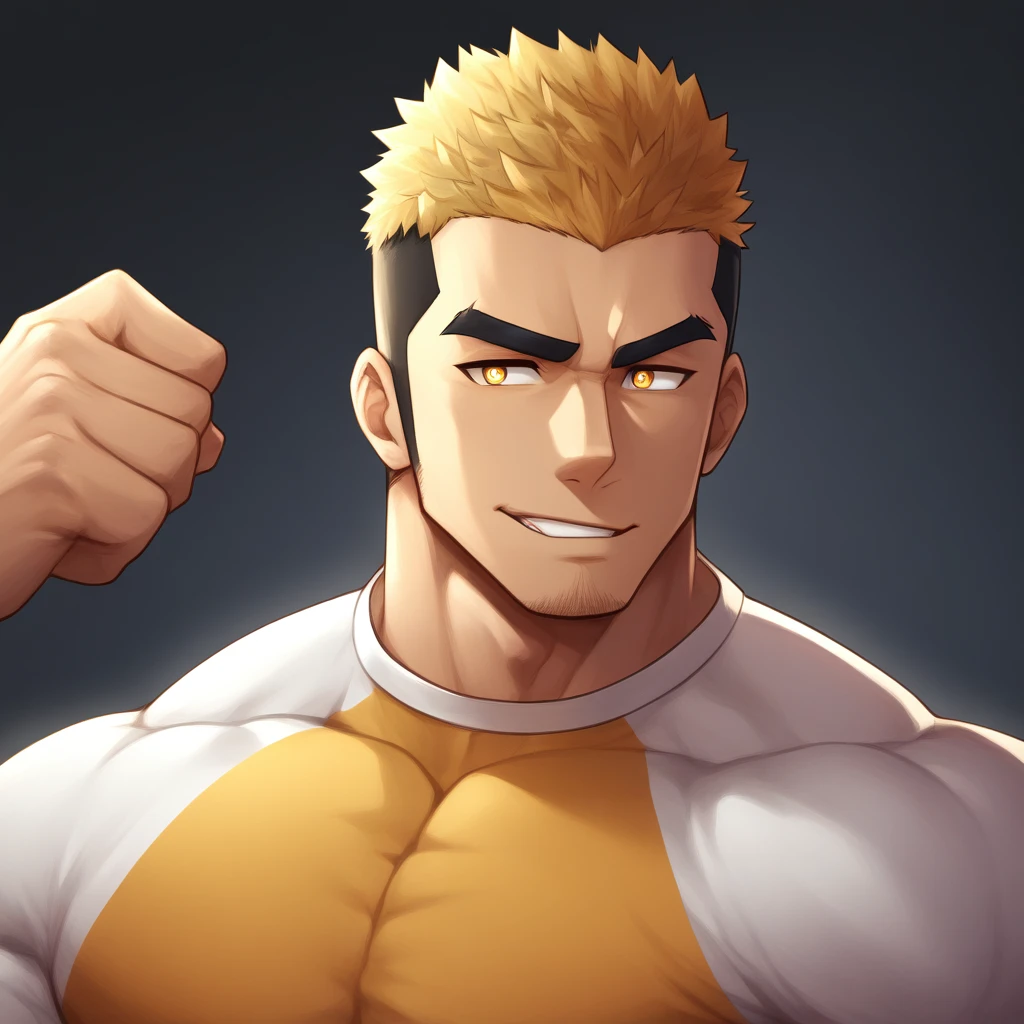 anime characters:Gyee, Muscle Sports Student, 1 muscular tough guy, Manliness, male focus, Light Yellow long sleeve tights, Very tight, The pectoral muscles are oversized, Slightly transparent, muscular male, muscular, only, Upper body, alone, Black short hair, Thick eyebrows, stubble, Yellow eyes, White background, simple background, amazing quality, best aesthetics, Ridiculous, bright pupils, crew cut, parted lips, seductive smile, torogao, naughty face, dbest quality