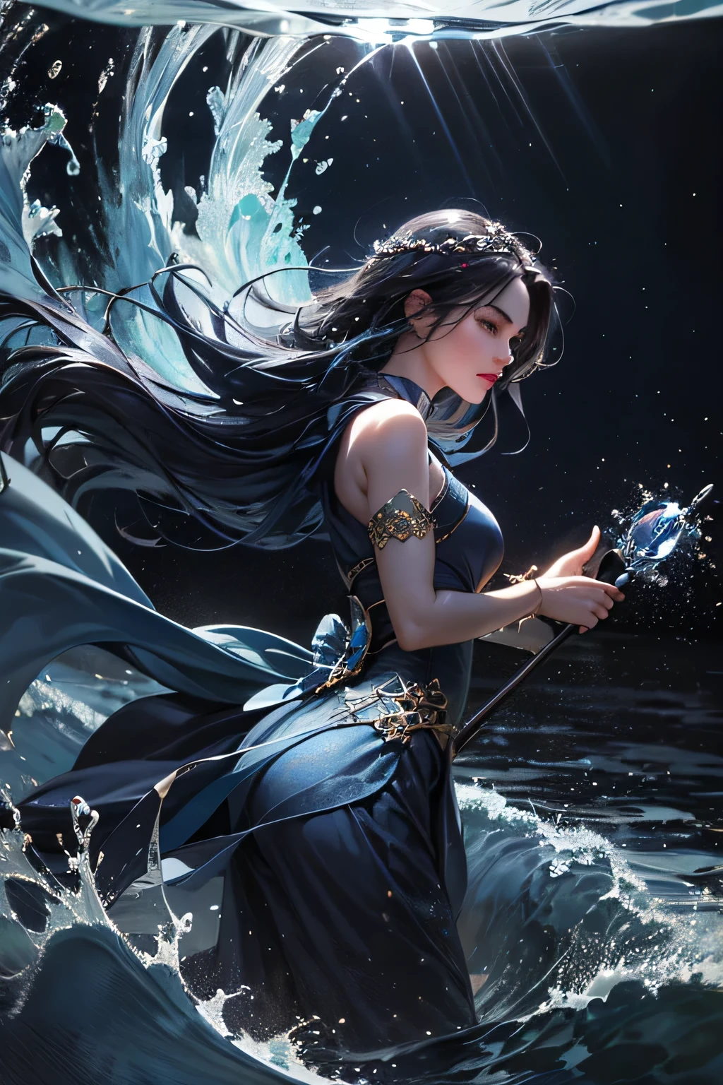 "Create an ultra-realistic image of a beautiful 21-year-old girl holding a magical staff that radiates the essence of water. She should be dressed in an elegant, ((((((dark blue)))))) shaded outfit that reflects her deep connection to the element of water. Surround her with elements of water, such as cascading waves, shimmering droplets, and serene reflections, to showcase her mastery over this element. Include a distinct water symbol on her body, signifying her role as the keeper of water and illustrating the powerful, fluid energy of water she possesses within her."