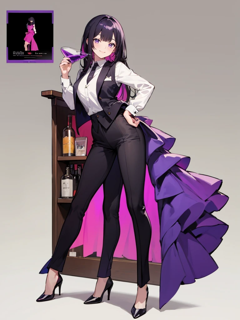 purple,High cut layered hair,woman,bartender,vest,shirt,tie,pants,high heels,all,simple background,smile,whole body,full body,full body,Standing picture,vtuber,upright,,look forward to,body facing forward