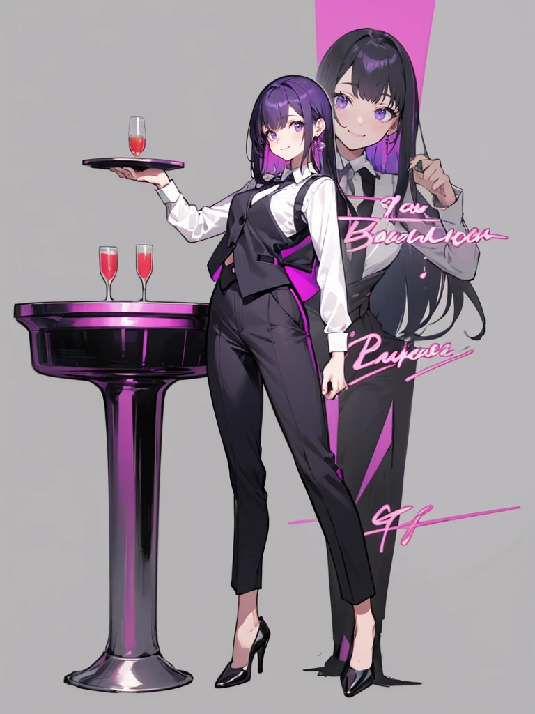 purple,High cut layered hair,woman,bartender,vest,shirt,tie,pants,high heels,all,simple background,smile,whole body,full body,full body,Standing picture,vtuber,upright,,look forward to,body facing forward