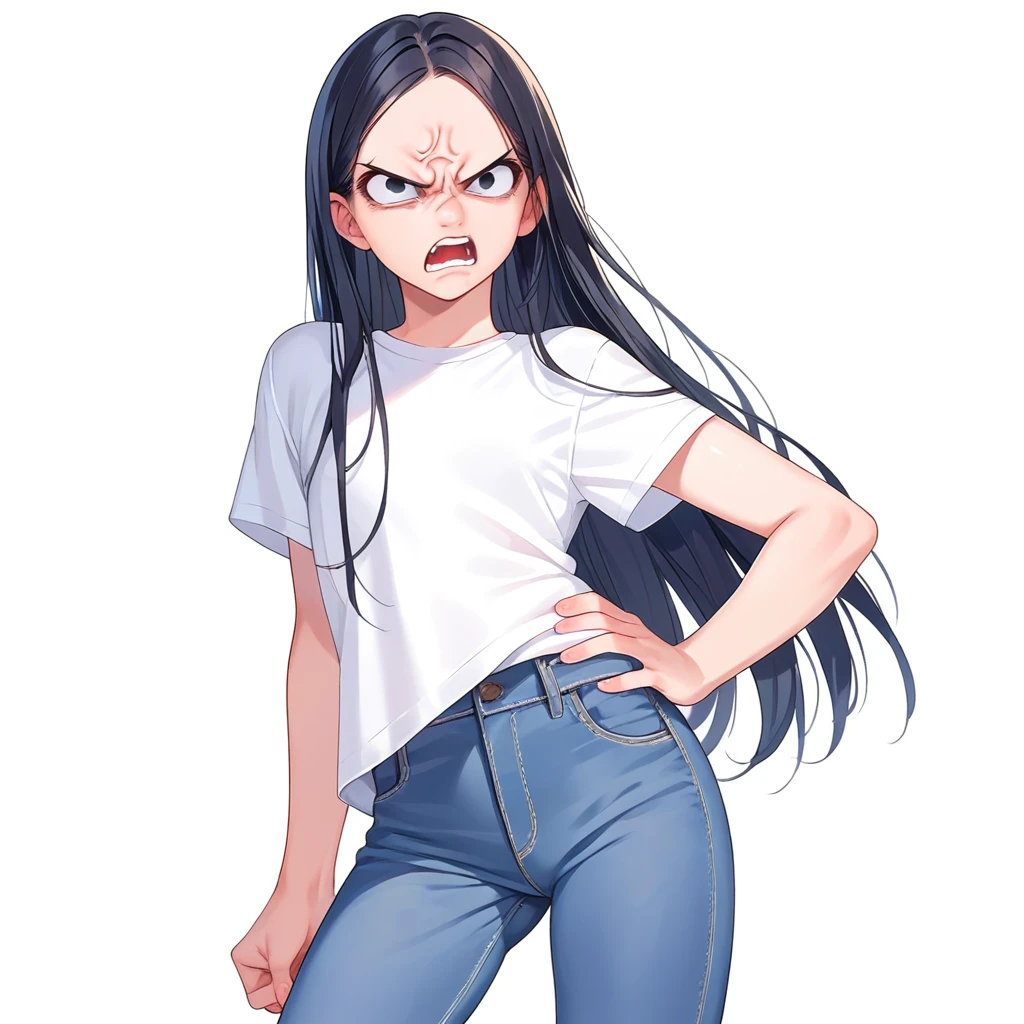 masterpiece , best quality , color , lineart , face close-up , 1 girl , solo , 20 years old , flat chest , long hair , black hair , short sleeve , white tshirts , long pants , jeans , (furious:1.6),  standing , hand on hip , open eyes , looking at viewer , open mouth ,  from front , white backqround , simple backqround ,