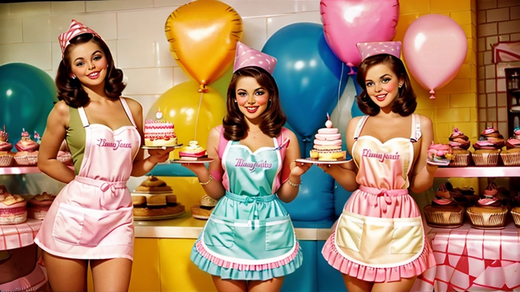 35mm film photography of sexy brunette girls in a bakery in aprons cakes sweets balloons birthday in pinup style bright pastel colors