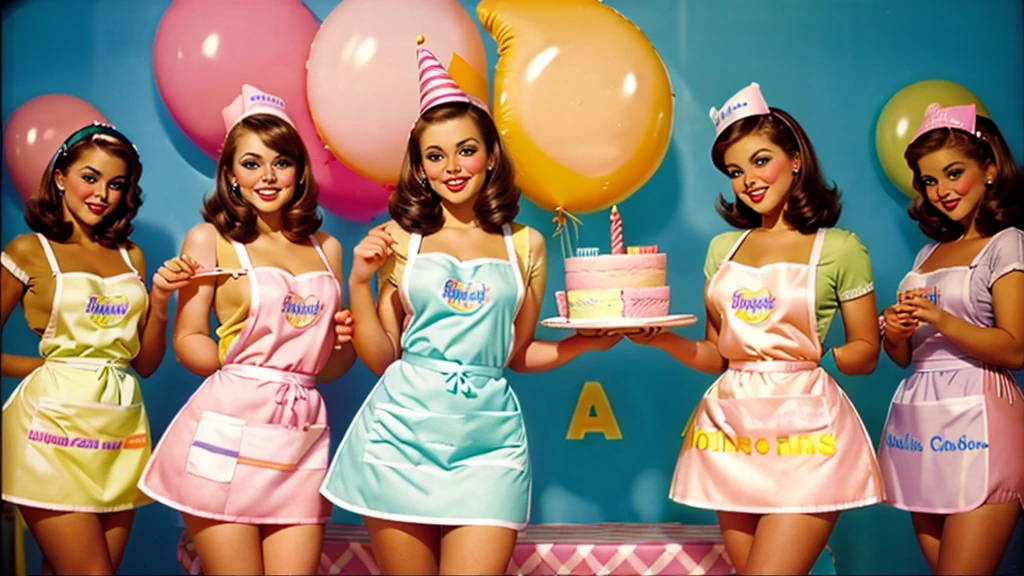35mm film photography of sexy brunette girls in a bakery in aprons cakes sweets balloons birthday in pinup style bright pastel colors