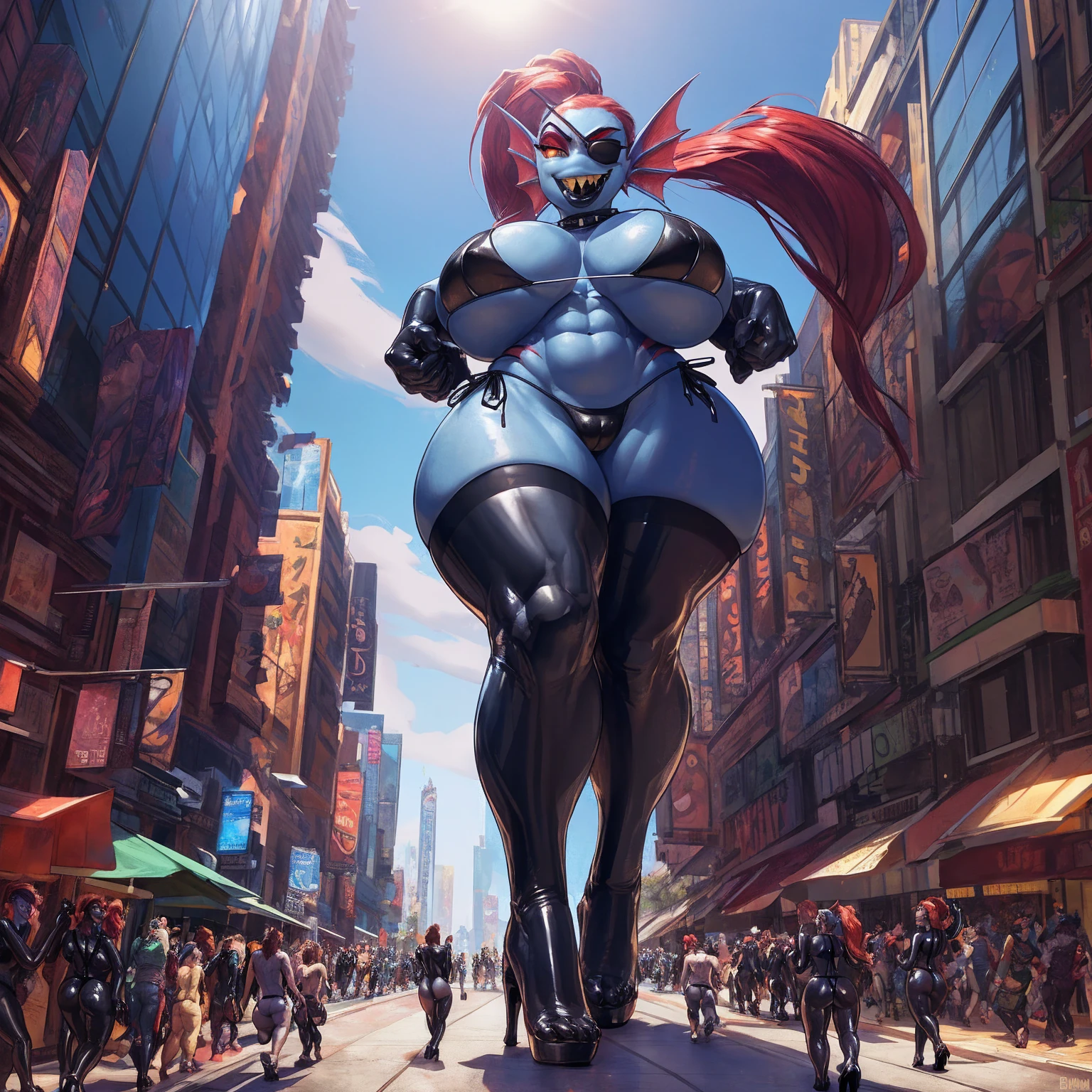 8K, ((masterpiece)), ((stunning artwork)), (carefully drawn), (highly detailed), solo, alone, uploaded to e621.net, undyne, blue skin, female, (big bottom lip:1.3), (black lip gloss:1.3), large , black leather collar, blue eyeshadow, (black  bikini:1.6), ( outline:0.75), (black heels:1.4), yellow teeth, sharp teeth, laughing, black eye patch, looking at viewer, by darkgem, by BNG, (:1.6), (walking toward viewer:1.2), los angeles, sunny day, brightly lit, (macro:1.5), tiny city, (crowded:1.6), gts,