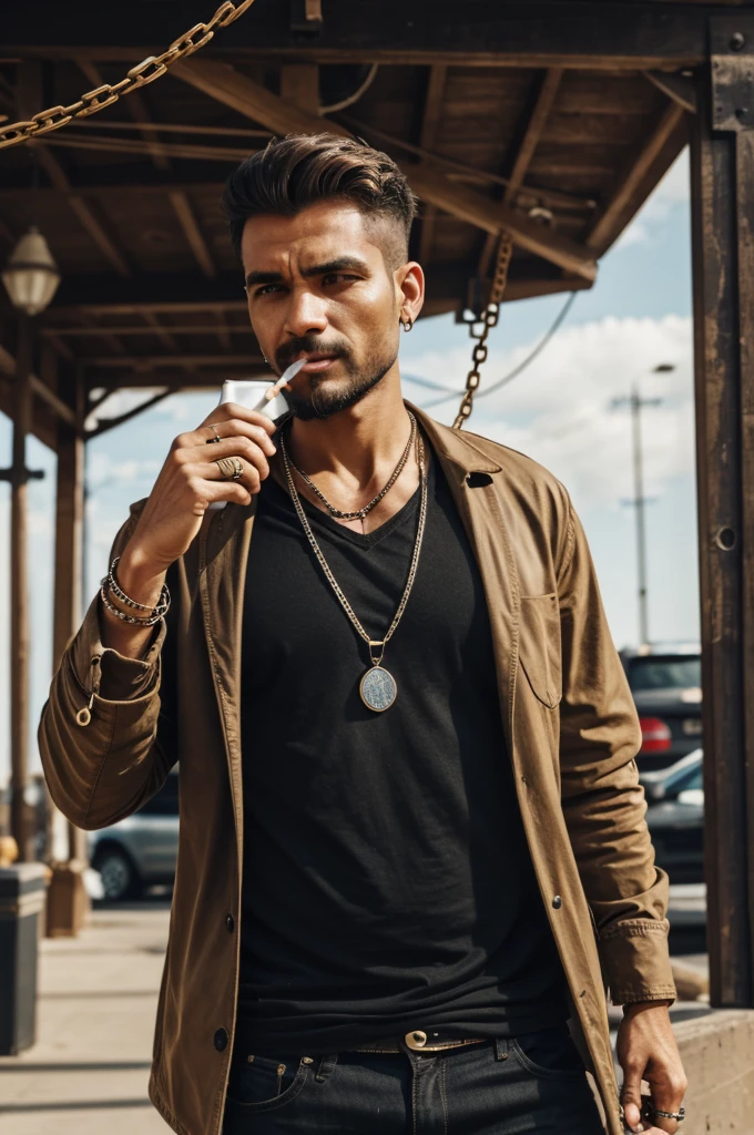 A man with a cigarette in his right hand and coffee in his left hand and a chain with 2 rings hanging around his neck.