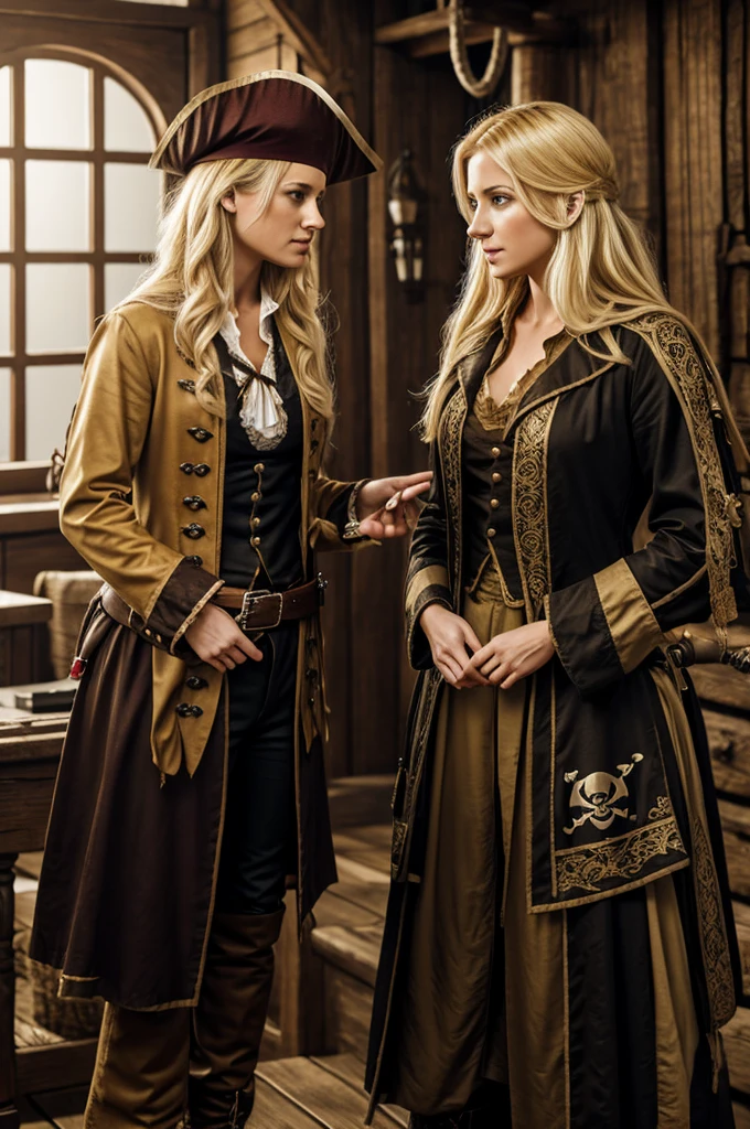 Young woman healer with blond hair stands in pirate clothes with a doctor's suitcase on a pirate ship fairy-tale world