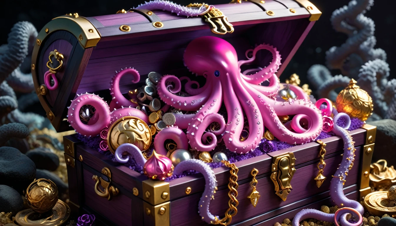 pink and purple tentacles extend from inside a treasure chest filled with gold and silver treasures.