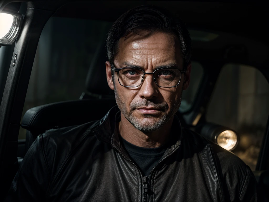 a creepy male police officer, 45 years old, thin and bony, with a comb over hairstyle, thick square glasses, crooked yellow teeth, lopsided hips, shining a flashlight towards the viewer, on a dirt road, photorealistic, high quality, detialed eyes and face, dramatic lighting, cinematic,