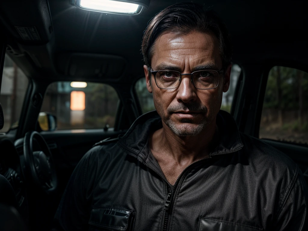 a creepy male police officer, 45 years old, thin and bony, with a comb over hairstyle, thick square glasses, crooked yellow teeth, lopsided , shining a flashlight towards the viewer, on a dirt road, photorealistic, high quality, detialed eyes and face, dramatic lighting, cinematic,