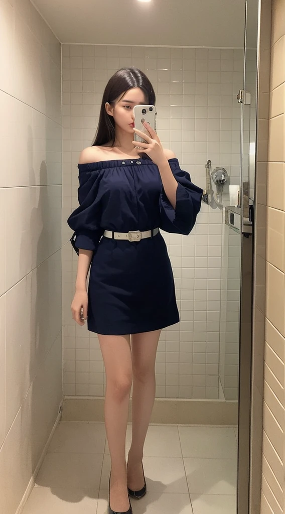 The image depicts an individual standing in a room, with their right arm raised and hand touching the ceiling. The person is wearing a dress reminiscent of a sailor’s uniform, predominantly white with dark blue trim and accents. The dress has off-the-shoulder sleeves and reaches knee-length. There’s also a waist belt-like accessory. The individual’s face is obscured for privacy. The background appears to be a bathroom setting with tiled walls and floors, and there’s a mirror on the opposite wall.