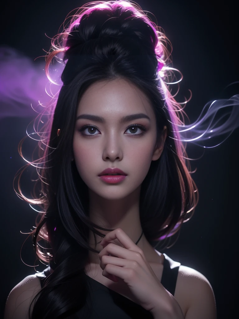 the number seven personified in a backlit woman with neon violet, synthwave, popcore color, mysterious smoke and mirrors, reflective and wet, dynamic composition and dramatic backlighting, highly textured, black, neon violet, neon orange,(detail), (complex), (8k), (HDR), (sharp focus), perfect fingers, high detail , expressiveness, masterpiece, (high detail skin and hair), ((high detail eyes)), (high detail clothing), ,(perfect facial features)