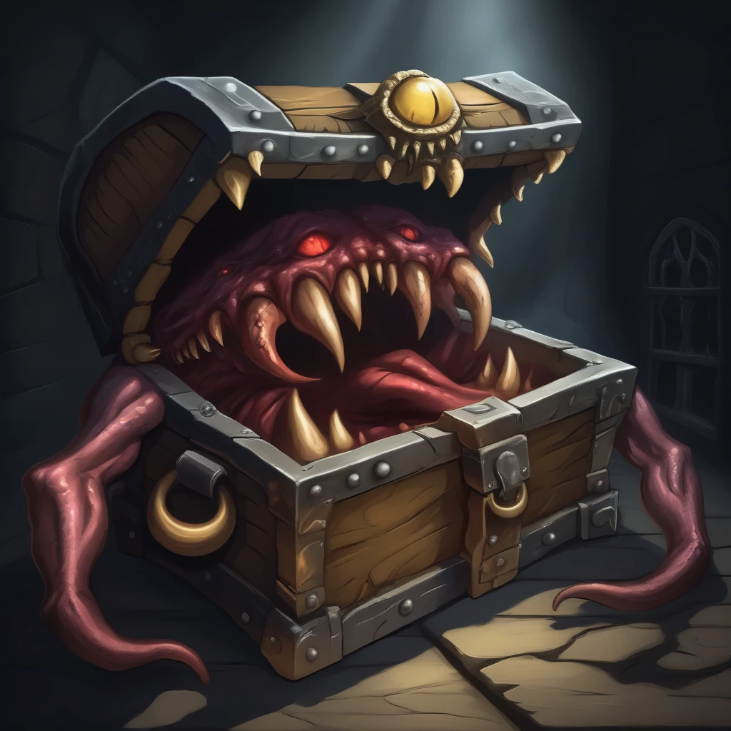 a demonic monster disguised as a treasure chest in a dark dungeon, highly detailed, ultra-realistic, hyperrealistic, 8k, photorealistic, dramatic lighting, chiaroscuro, gothic horror, moody atmosphere, deep shadows, eerie, unsettling, menacing presence, twisted, unnatural, surreal, nightmarish, masterpiece