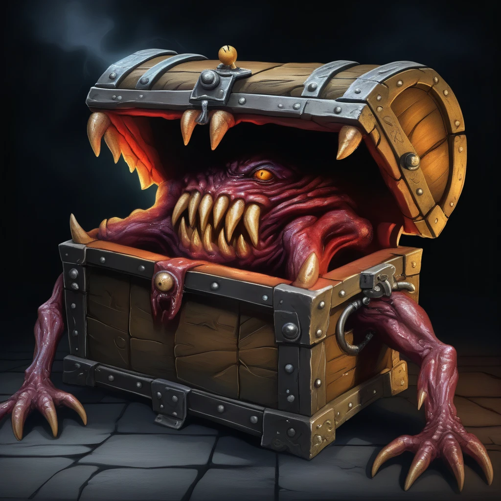 a demonic monster disguised as a treasure chest in a dark dungeon, highly detailed, ultra-realistic, hyperrealistic, 8k, photorealistic, dramatic lighting, chiaroscuro, gothic horror, moody atmosphere, deep shadows, eerie, unsettling, menacing presence, twisted, unnatural, surreal, nightmarish, masterpiece