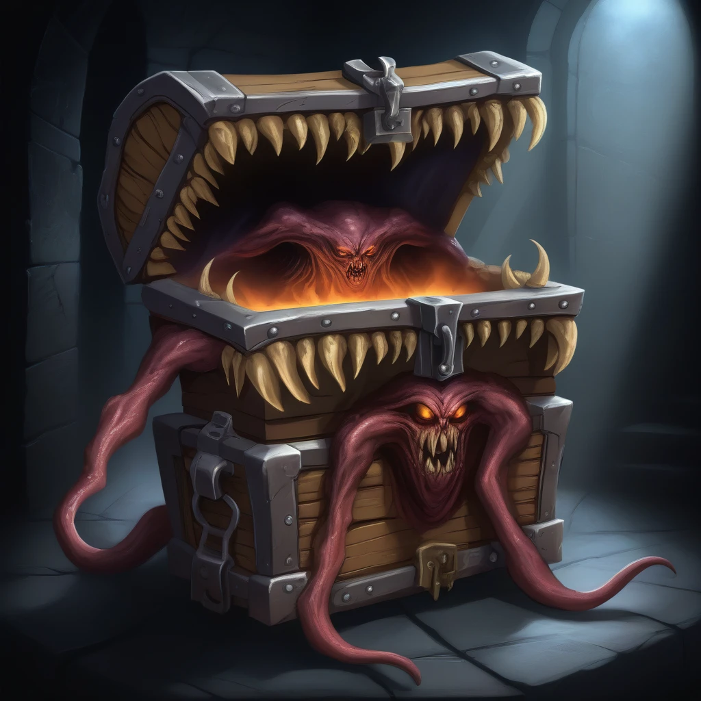 a demonic monster disguised as a treasure chest in a dark dungeon, highly detailed, ultra-realistic, hyperrealistic, 8k, photorealistic, dramatic lighting, chiaroscuro, gothic horror, moody atmosphere, deep shadows, eerie, unsettling, menacing presence, twisted, unnatural, surreal, nightmarish, masterpiece