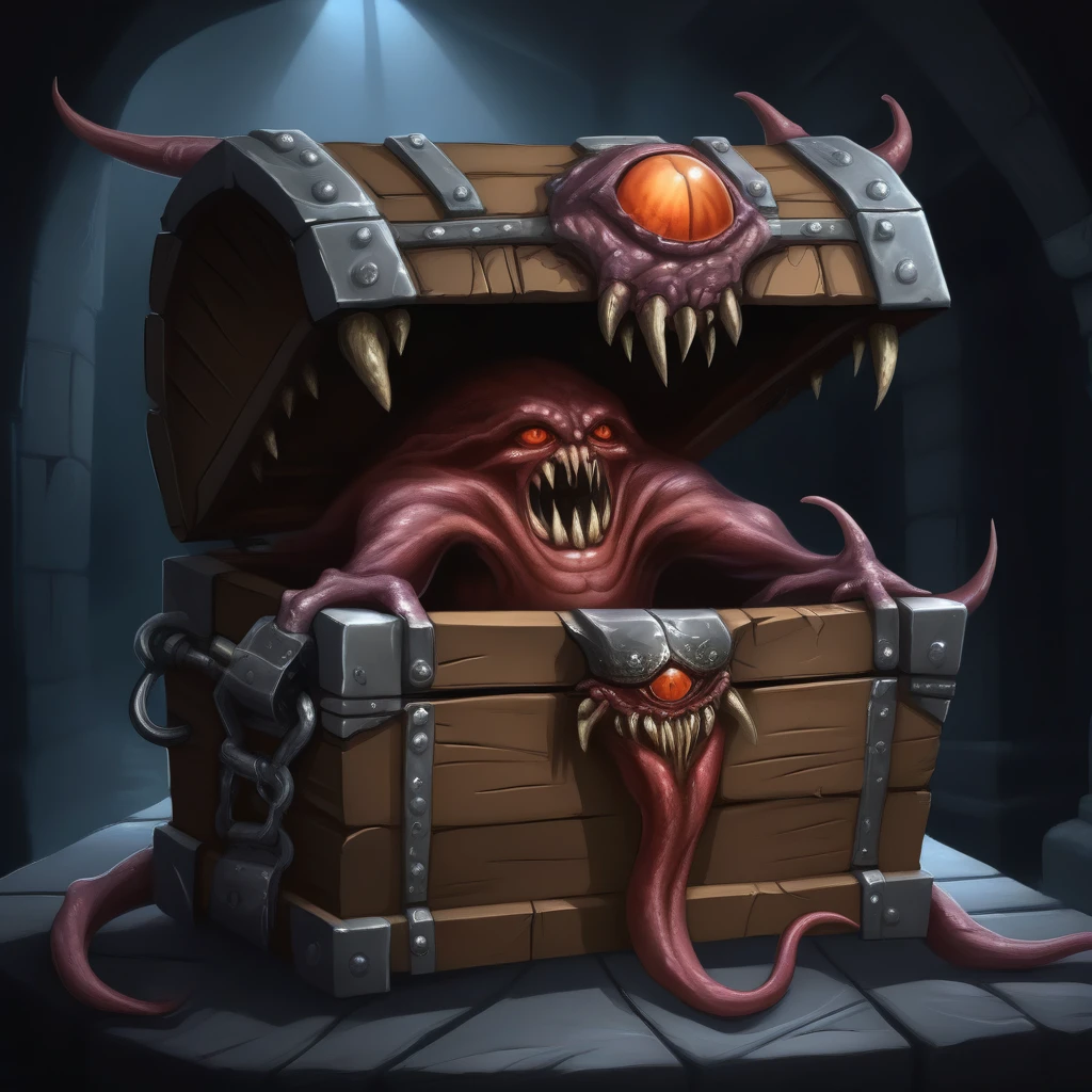 a demonic monster disguised as a treasure chest in a dark dungeon, highly detailed, ultra-realistic, hyperrealistic, 8k, photorealistic, dramatic lighting, chiaroscuro, gothic horror, moody atmosphere, deep shadows, eerie, unsettling, menacing presence, twisted, unnatural, surreal, nightmarish, masterpiece