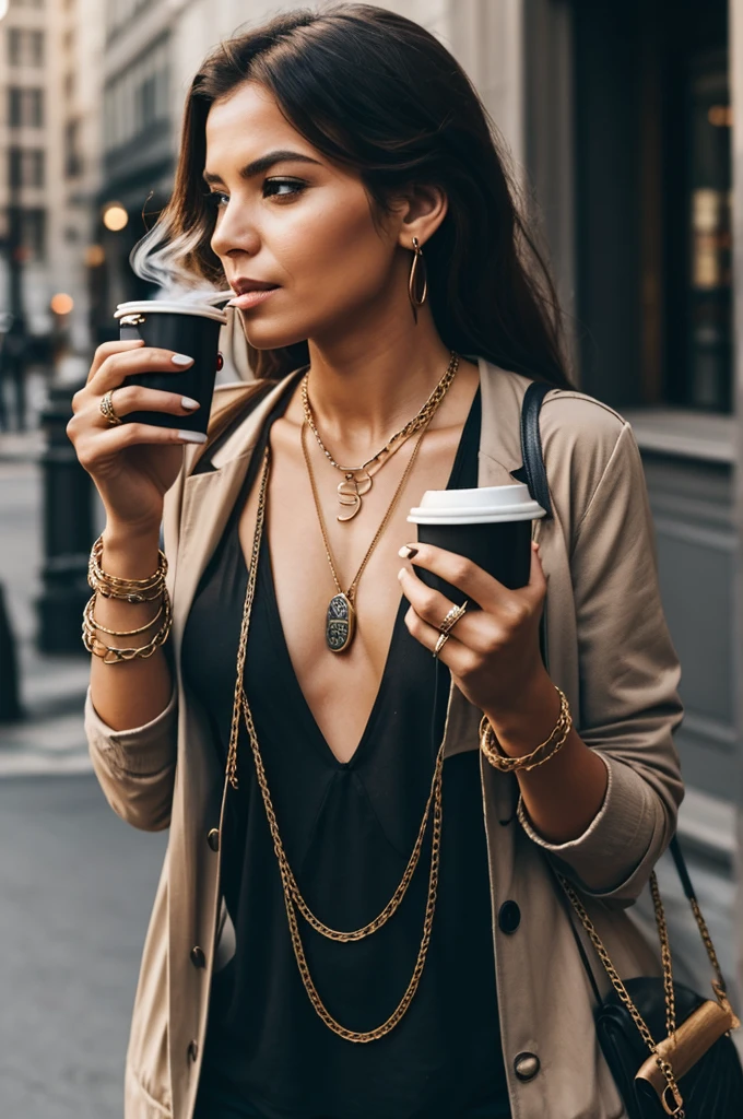 A woman with a cigarette in her right hand and coffee in her left hand and a chain with 2 rings hanging around her neck.