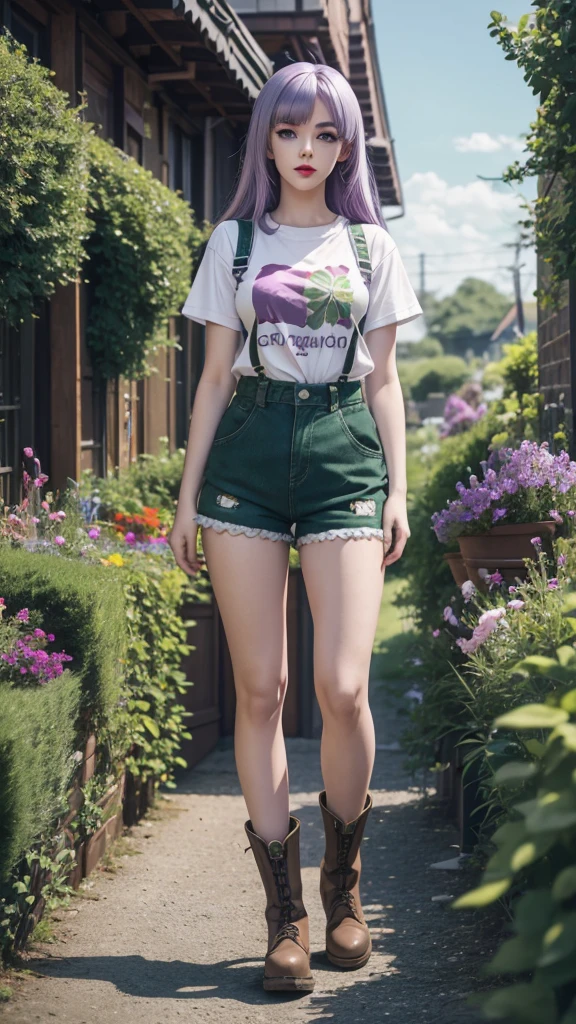 Irish woman, anime, cute, beautiful, high quality, night, 8k, long light purple hair, green eyes, red lips, eyelashes, standing, garden, printed t shirt, overall shorts, boots