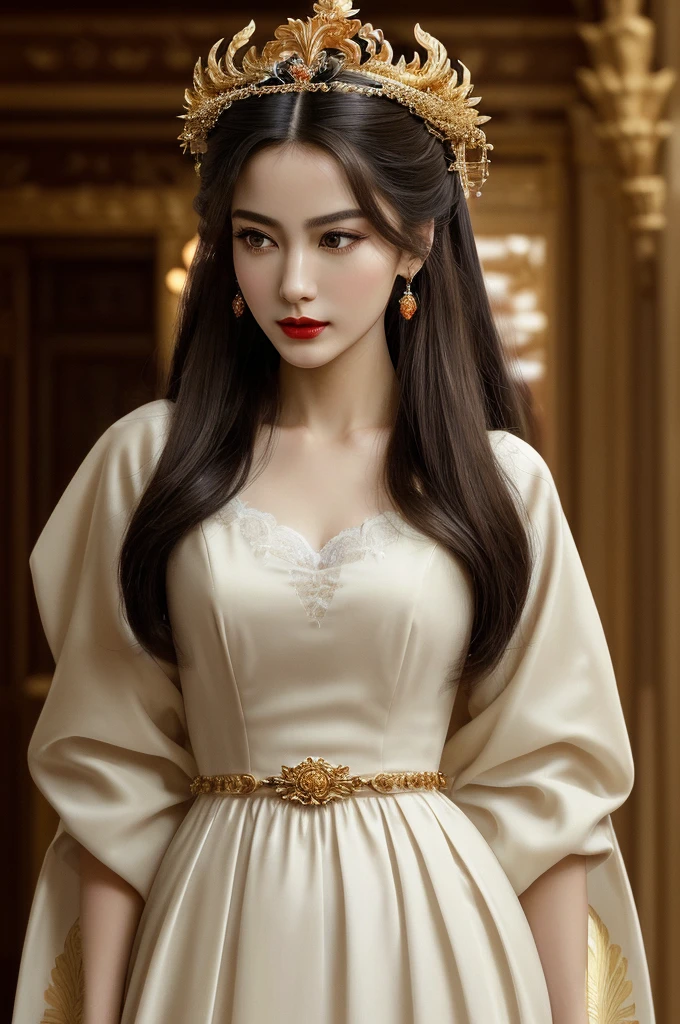 (best quality, high resolution, masterpiece,Upper body portrait:1.2), Very detailed, Practical:1.37, (Perfect anatomical structure),(Elegant,Royal Concubine,Side profile,Delicate eyebrow shape,Vermillion lipstick,Elegant and luxurious妆容,(Close-up of face),Flawless Skin,(Wearing a golden phoenix crown on his head,Wearing a long dress with dragon and phoenix),majesty,Long hair up,Static composition,A walk through the palace。Extreme clarity,Full figure,Fair,((Noble)),solemn,Manners are varied,Elegant and luxurious,Plump figure,Hand holding jade belt。)