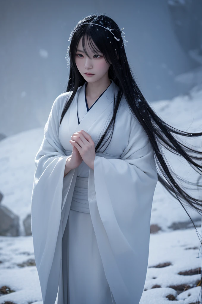 "Realistic depiction of Yuki-onna, a legendary spirit from Japanese folklore, standing in a snowy landscape, with long flowing black hair, wearing a white kimono, with a serene and mysterious expression."