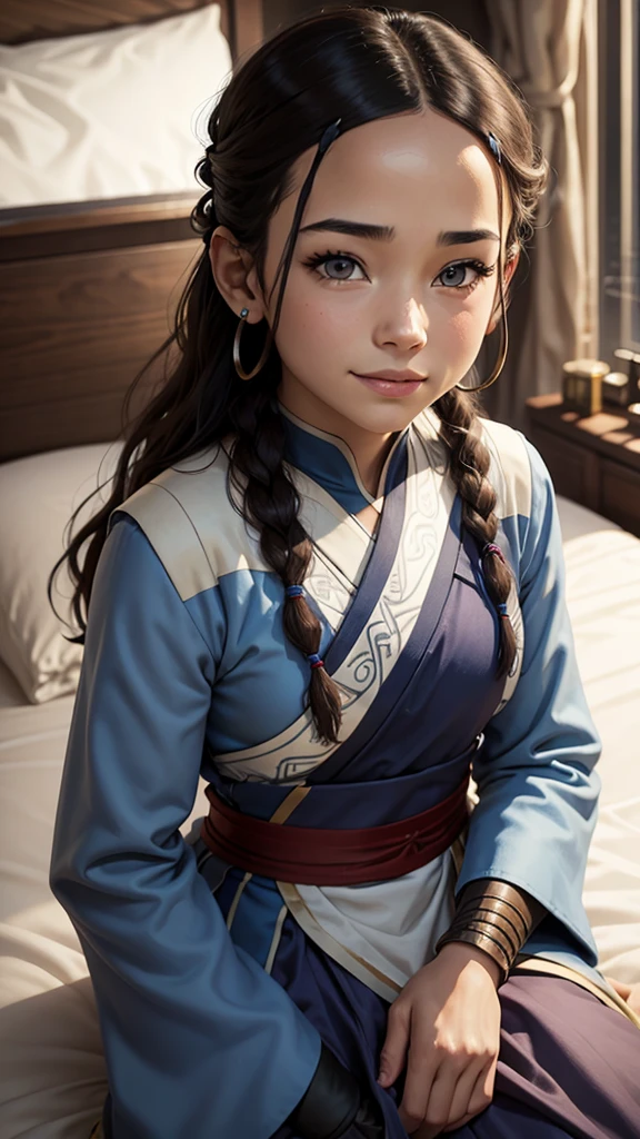 Katara, asuna, asuna_(sao), 1girl, fantasy, highres, looking_away, looking_to_the_side, original, realistic, scenery, Close-up, upper_body, smiling, action pose,on_bed,
