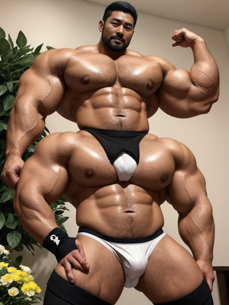 There is only one handsome Asian actor in the picture,35 years old,Tall and handsome, Toned body,short hair, O-Shaped Beard,Perfect body, Dark skin,Glowing skin,Smooth skin,The body is hairless,Muscle bulge, Muscular, Very large pectoral muscles,Very sexy abdominal muscles,Very well-developed leg muscles,Huge concave and convex area,Brightens oily skin,Wearing a white leather shiny thong,Handsome face, Correct and accurate male body proportions, Wear black socks,Stand among the flowers。
