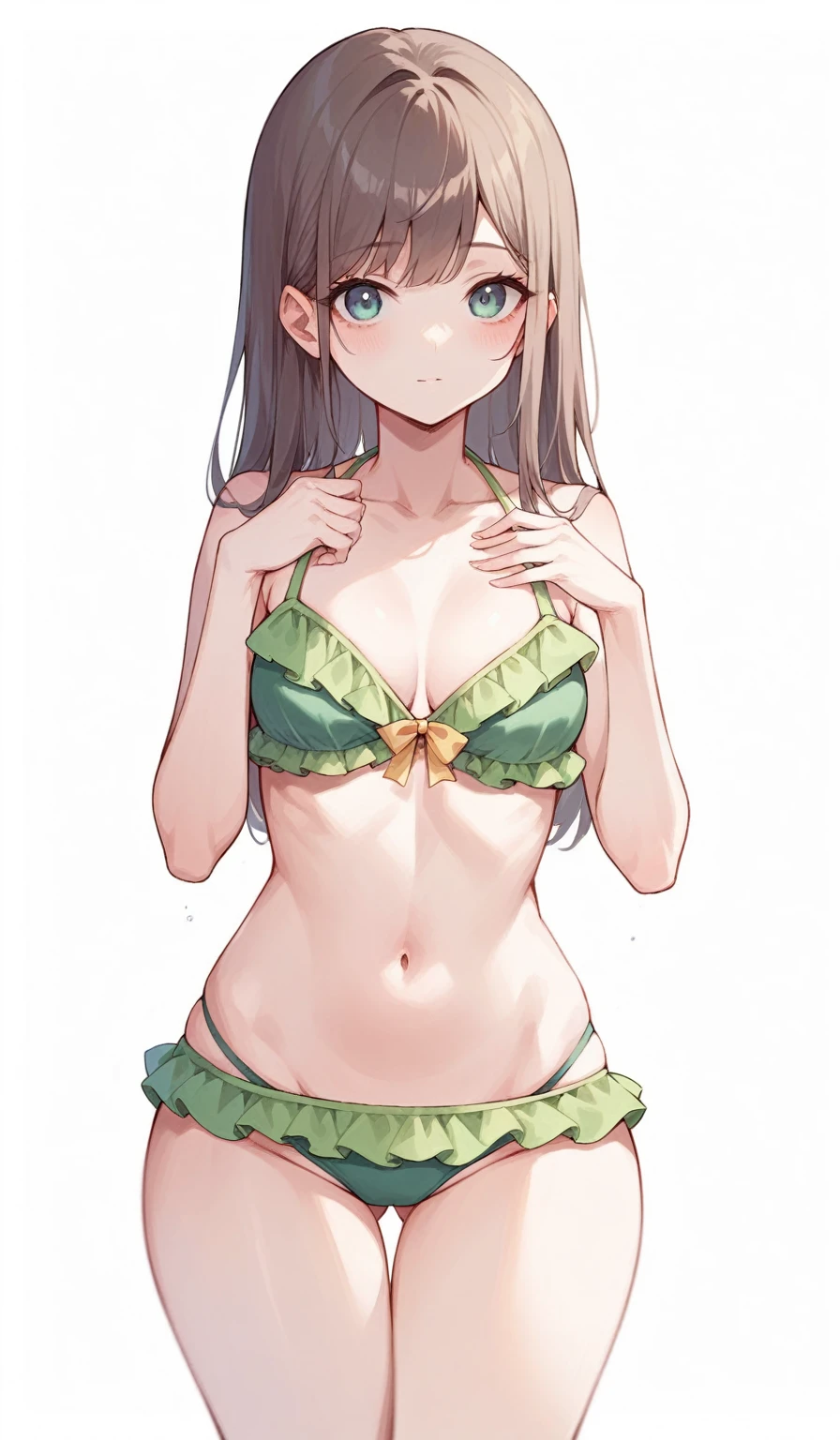 cute girl wearing cute frilly bikini looking at you shyly, white background