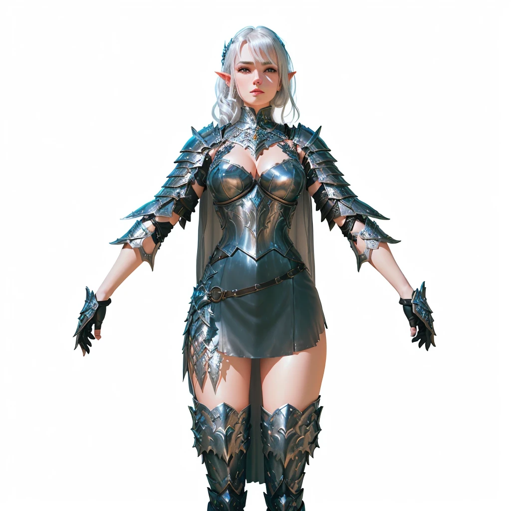 close-up of a woman wearing a dress and armor, Diablo 2 style, female armor, female character, armored maiden, highly detailed character, render of heavy fantasy armor, elven armor, valkyrie-style character, shimmering silver reflective armor, very stylish fantasy armor, detailed fantasy armor, glossy white armor, 3D rendered character art 8k, fantasy armor