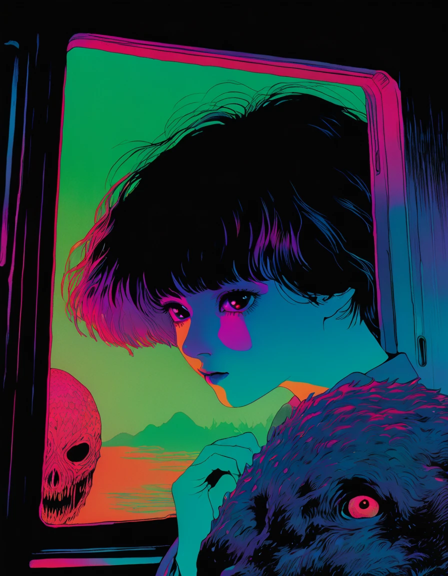 illust、art、from 80s horror movie, directed by Junji Ito、Unidentified creature、Unknown Creature、high detail, realsitic shadow、Analog style, vhs style, 8mm film, chromatic aberration, Dvd screengrab、Surrealism、Complementary color gradient