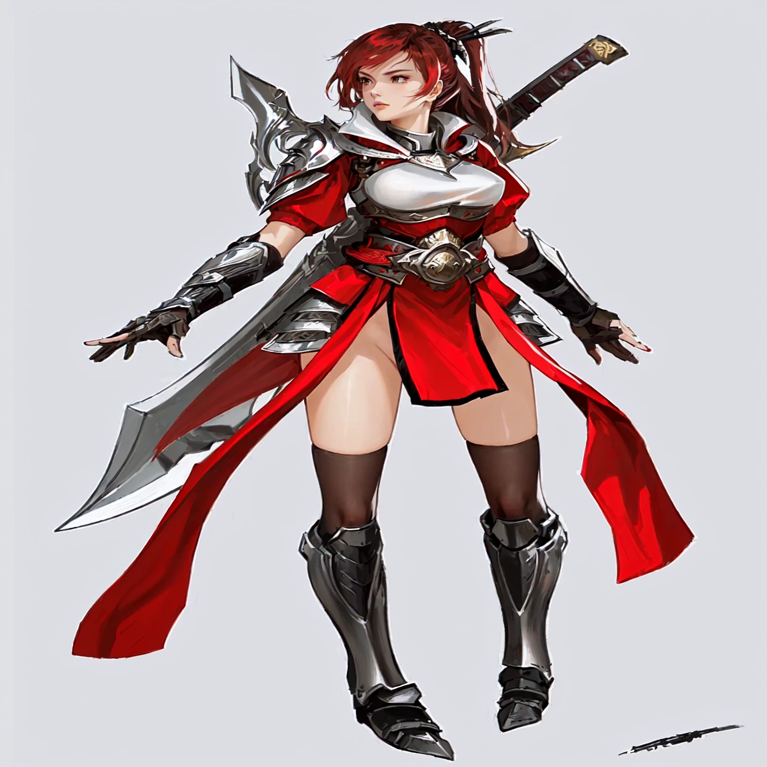 Close-up:A woman in a red dress、Woman holding two swords, lady in Red Armor, Female Warrior, silver armor and red clothing, Armored Rouge Assassin, Samurai costume, white and Red Armor, Red Armor, Valkyrie-style character, bikini armor Female Knight, north adult Female Warrior, Female Knight, Samurai character design, g liulian art style