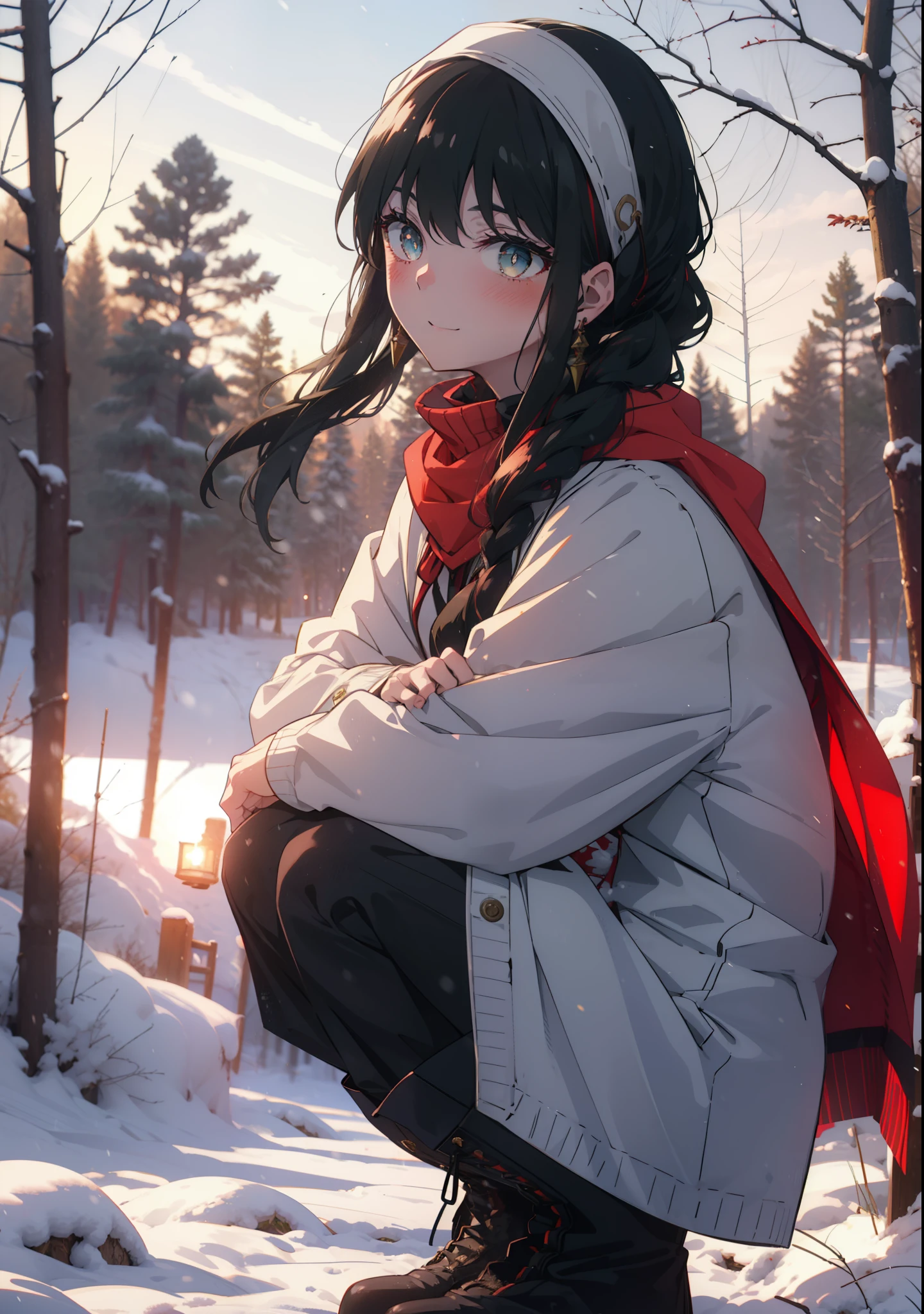 Your thorns, One Girl, blush, Black Hair,Red eyes, hair band, jewelry, Earrings, happy smile, smile, Open your mouth,
Open your mouth,snow,Ground bonfire, Outdoor, boots, snowing, From the side, wood, suitcase, Cape, Blurred, Eat food, forest, White handbag, nature,  Squat, Mouth closed, フードed Cape, winter, Written boundary depth, Black shoes, red Cape,evening,Sunset,The sun is setting, break looking at viewer, Upper Body, whole body, break Outdoor, forest, nature, break (masterpiece:1.2), Highest quality, High resolution, unity 8k wallpaper, (shape:0.8), (Beautiful and beautiful eyes:1.6), Highly detailed face, Perfect lighting, Highly detailed CG, (Perfect hands, Perfect Anatomy),