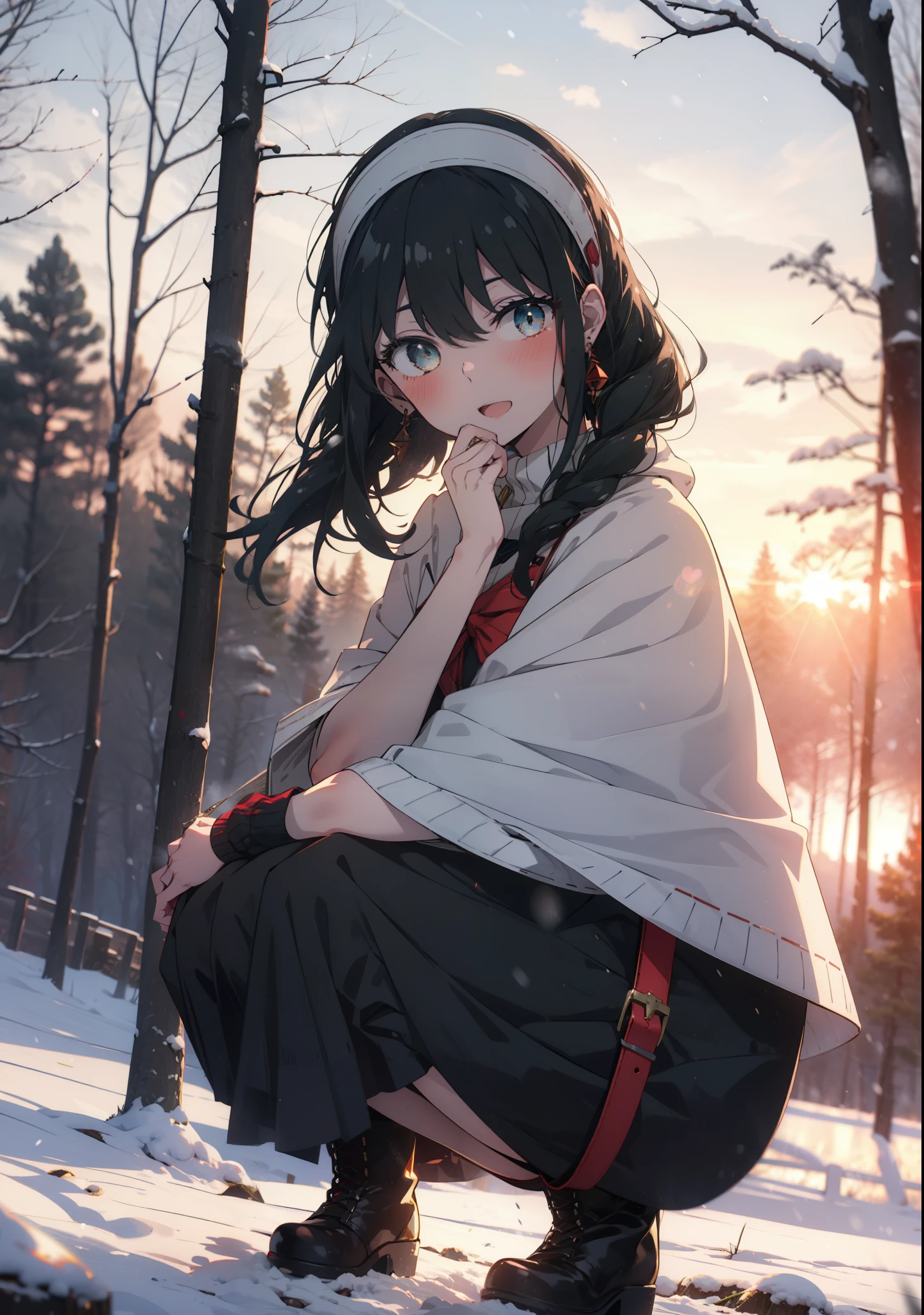 Your thorns, One Girl, blush, Black Hair,Red eyes, hair band, jewelry, Earrings, happy smile, smile, Open your mouth,
Open your mouth,snow,Ground bonfire, Outdoor, boots, snowing, From the side, wood, suitcase, Cape, Blurred, Eat food, forest, White handbag, nature,  Squat, Mouth closed, フードed Cape, winter, Written boundary depth, Black shoes, red Cape,evening,Sunset,The sun is setting, break looking at viewer, Upper Body, whole body, break Outdoor, forest, nature, break (masterpiece:1.2), Highest quality, High resolution, unity 8k wallpaper, (shape:0.8), (Beautiful and beautiful eyes:1.6), Highly detailed face, Perfect lighting, Highly detailed CG, (Perfect hands, Perfect Anatomy),