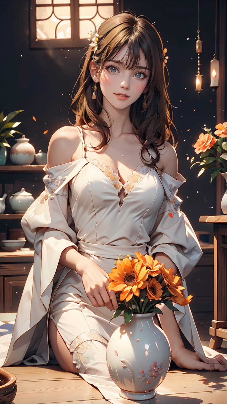 24-year-old woman、Sexy proportions、In the photo studio、vase with flowers(Jingdezhen)Stand next to a small table、White Horizon Background、Off-the-shoulder dress(Pastel Orange)wear、smile