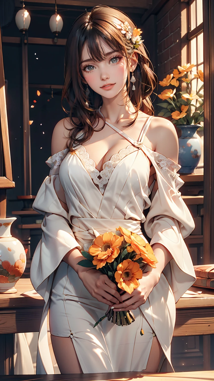 24-year-old woman、Sexy proportions、In the photo studio、vase with flowers(Jingdezhen)Stand next to a small table、White Horizon Background、Off-the-shoulder dress(Pastel Orange)wear、smile