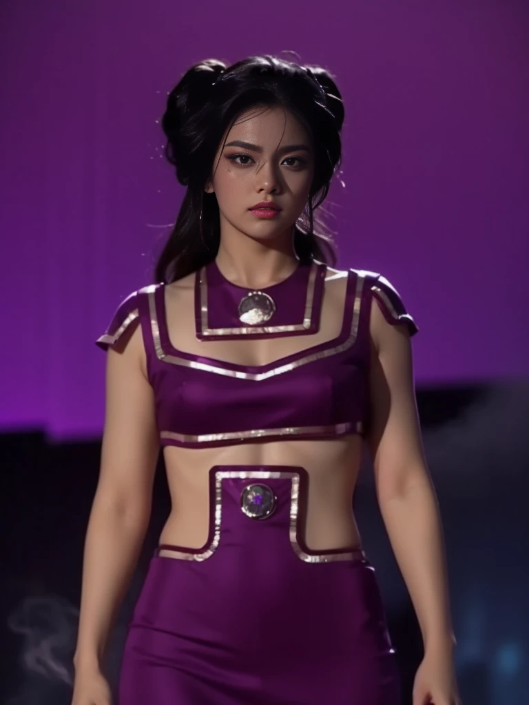 the number seven personified in a backlit woman with neon violet, synthwave, popcore color, mysterious smoke and mirrors, reflective and wet, dynamic composition and dramatic backlighting, highly textured, black, neon violet, neon orange,(detail), (complex), (8k), (HDR), (sharp focus), perfect fingers, high detail , expressiveness, masterpiece, (high detail skin and hair), ((high detail eyes)), (high detail clothing), ,(perfect facial features)