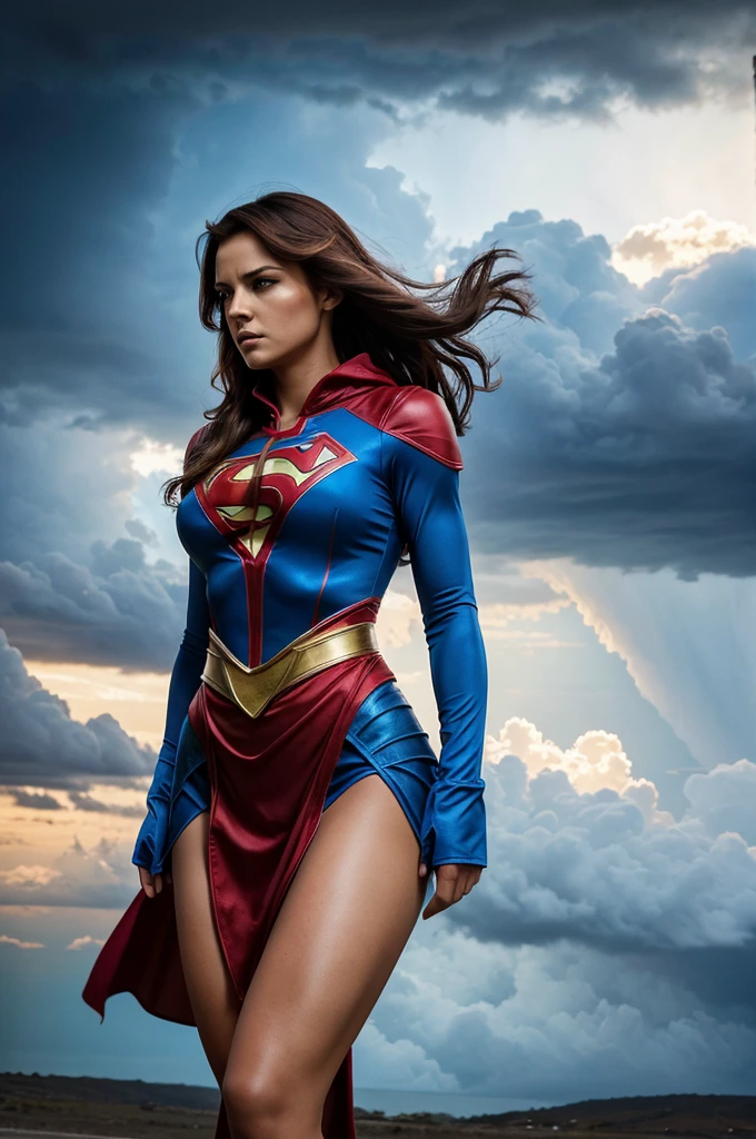The image features a woman dressed in a blue and red superhero costume, standing confidently in front of a stormy sky. She appears to be a powerful and fearless character, ready to face any challenges that come her way. The woman's hair is blowing in the wind, adding to the dramatic atmosphere of the scene. The costume is tight-fitting and designed to showcase her strength and agility.