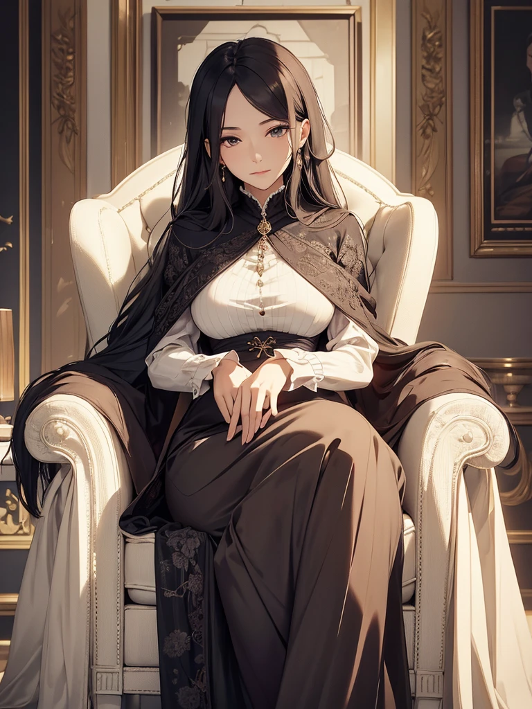 (masterpiece、top-quality、hight resolution),A wealthy, gentle widow is depicted in a cozy, elegant room. She is dressed in high-quality, understated clothing that subtly hints at her wealth. Her demeanor is calm and composed, with a soft, warm smile on her face. She exudes an air of sophistication and tranquility, sitting gracefully in a luxurious armchair. The background of the room is tastefully decorated, with subtle hints of her affluent lifestyle, such as fine furniture, soft lighting, and delicate decor. The overall atmosphere is one of comfort, elegance, and refined grace, with a slight touch of melancholy due to her widowhood. nsfw