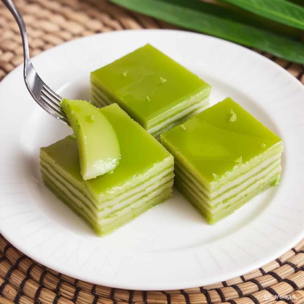 there is a plate with four pieces of green dessert on it, green, close up of iwakura lain, loputyn and pandan leaf, close up iwakura lain, jelly - like texture, moist, full of greenish liquid, inspired by Lam Qua, kawaai, 千 葉 雄 大, greenish tinge