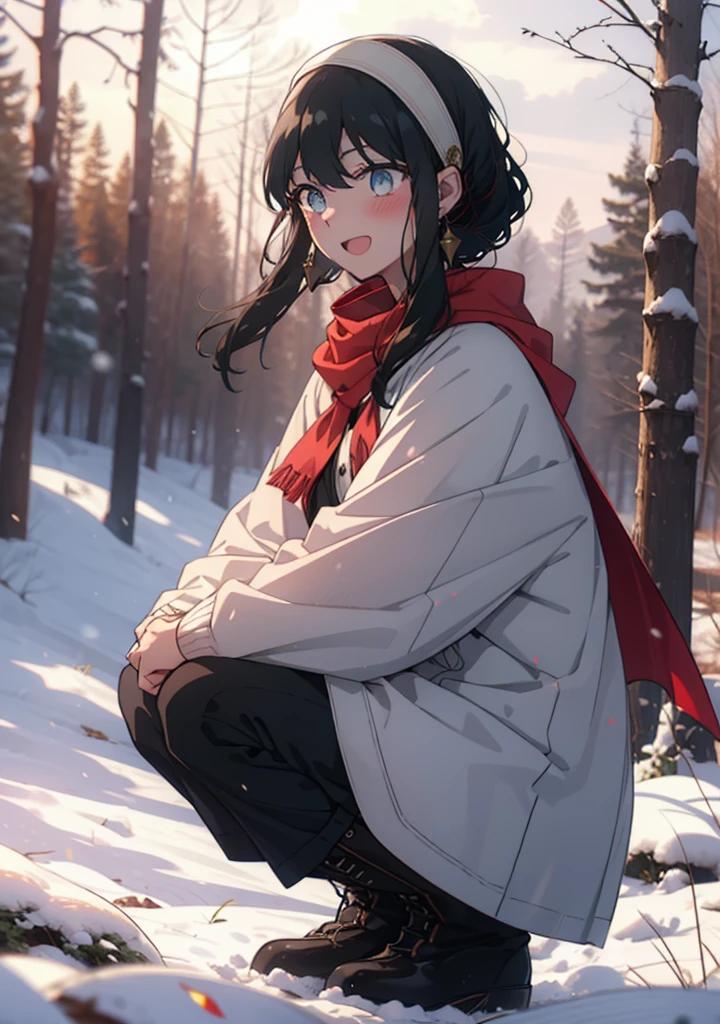 Your thorns, One Girl, blush, Black Hair,Red eyes, hair band, jewelry, Earrings, happy smile, smile, Open your mouth,
Open your mouth,snow,Ground bonfire, Outdoor, boots, snowing, From the side, wood, suitcase, Cape, Blurred, Eat food, forest, White handbag, nature,  Squat, Mouth closed, フードed Cape, winter, Written boundary depth, Black shoes, red Cape,evening,Sunset,The sun is setting, break looking at viewer, Upper Body, whole body, break Outdoor, forest, nature, break (masterpiece:1.2), Highest quality, High resolution, unity 8k wallpaper, (shape:0.8), (Beautiful and beautiful eyes:1.6), Highly detailed face, Perfect lighting, Highly detailed CG, (Perfect hands, Perfect ),