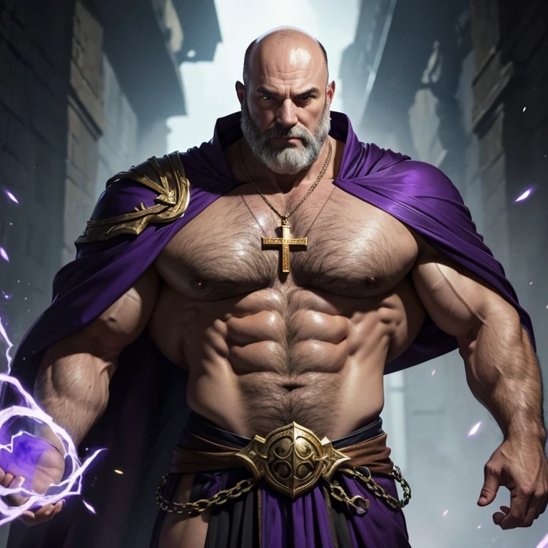 Thick Gold Cross on a necklace. Torn robes. 60 years old, greying hair. An arcane mage swirls purple, glowing, arcane energy around himself. He is an absolute muscle monster, with impossibly broad, well toned shoulders and a V shaped body with narrow waist. His shoulders are three times wider than his waist. Bare-chested, he is hairy chested, balding, with stubble