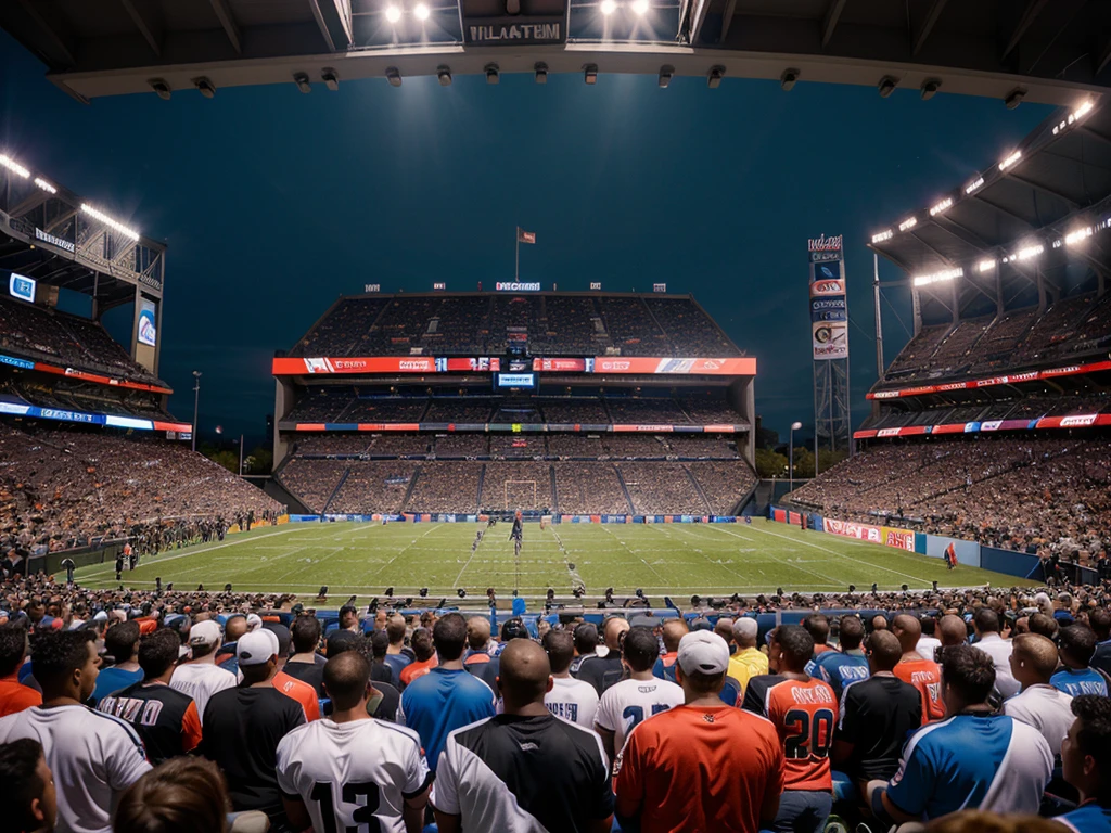 a football competition, professional football players, detailed sports equipment, dynamic action, sports arena, cheering crowd, cinematic lighting, hyper realistic, epic scale, vibrant colors, dramatic composition