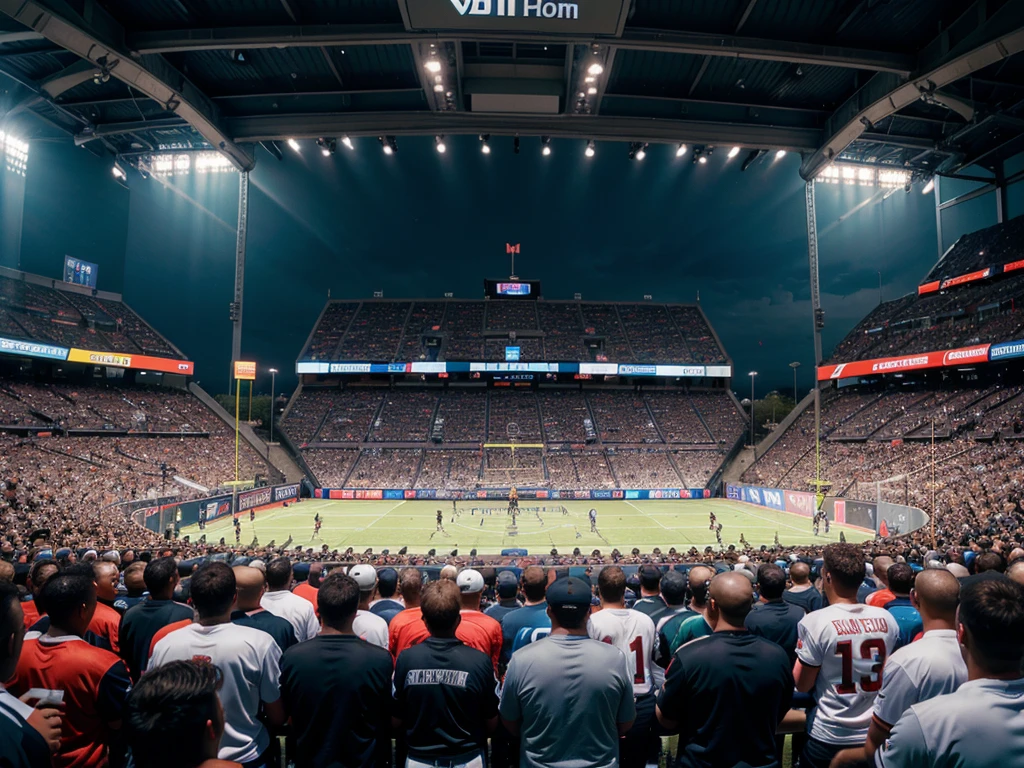 a football competition, professional football players, detailed sports equipment, dynamic action, sports arena, cheering crowd, cinematic lighting, hyper realistic, epic scale, vibrant colors, dramatic composition
